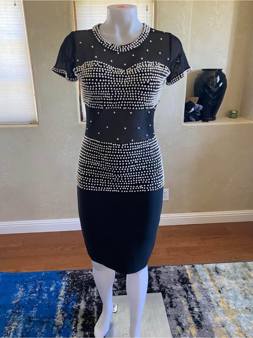 New Boutique Faux Pearl Sheer Waist Back Body-Con Evening Cocktail Dress Sz M